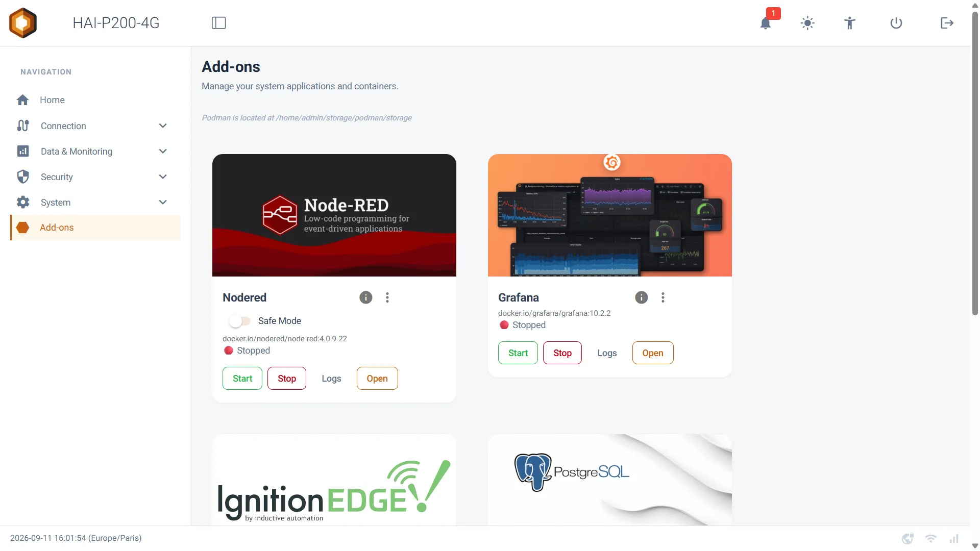 Page Add-ons de HAI-OS : le chemin de stockage Podman, puis les cartes Node-RED, Grafana, Ignition Edge et PostgreSQL, chacune avec sa version, son statut et ses boutons Start, Stop, Logs et Open. La carte Node-RED porte en plus son interrupteur Safe Mode