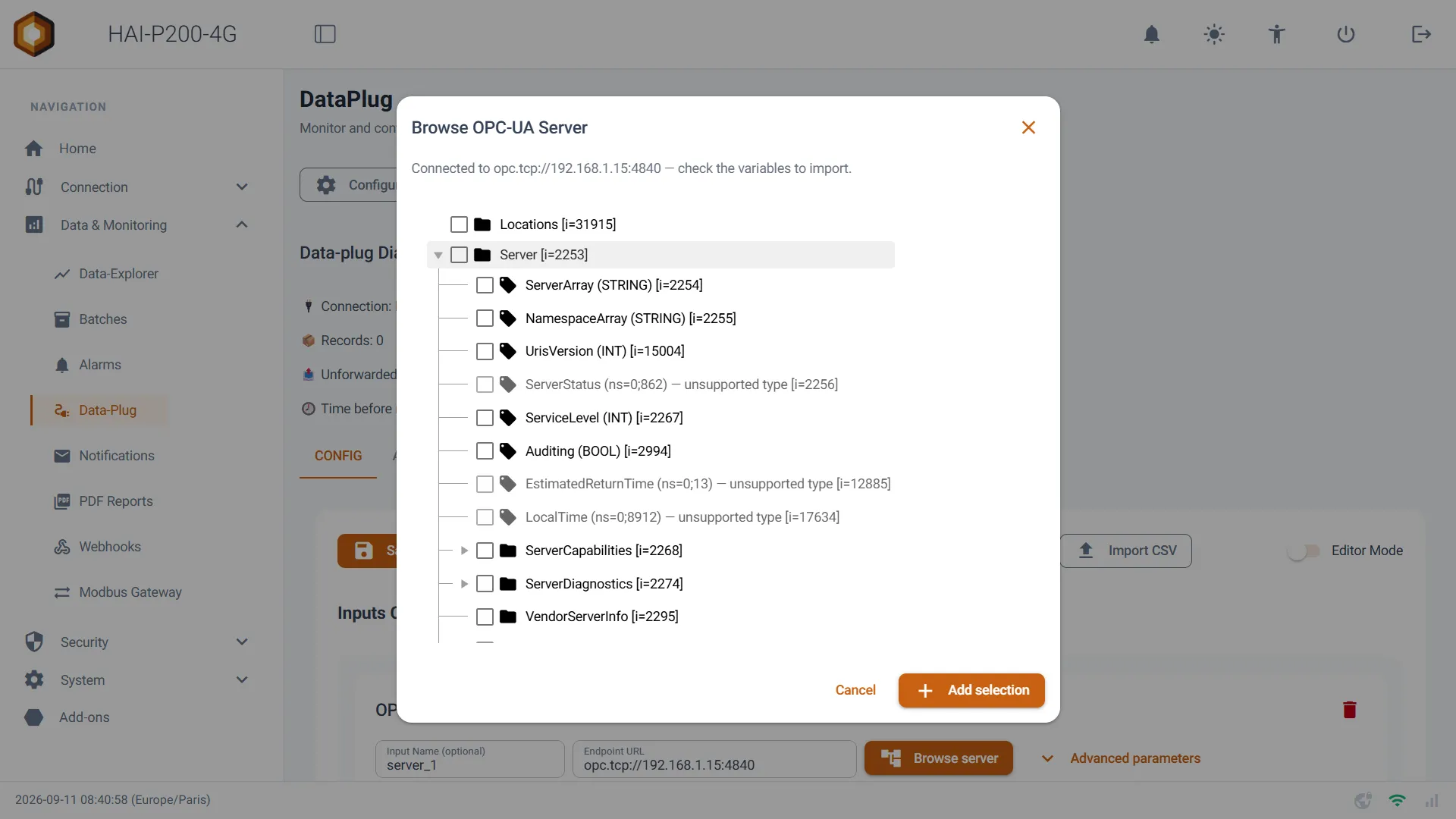 Fenêtre Browse OPC-UA Server : arborescence du serveur opc.tcp://192.168.1.15, cases à cocher devant chaque nœud, variables de type non supporté grisées, boutons Cancel et Add selection