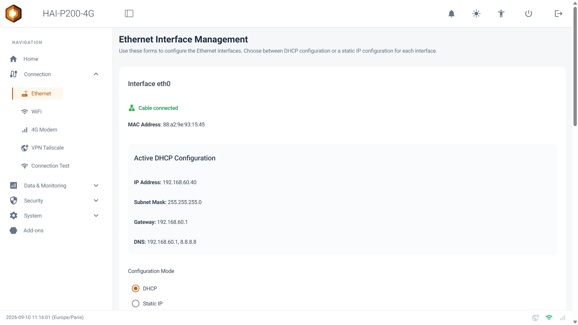 Page Ethernet de HAI-OS : carte Interface eth0 en DHCP avec câble connecté et badge Internet output, carte Interface eth1 en IP fixe