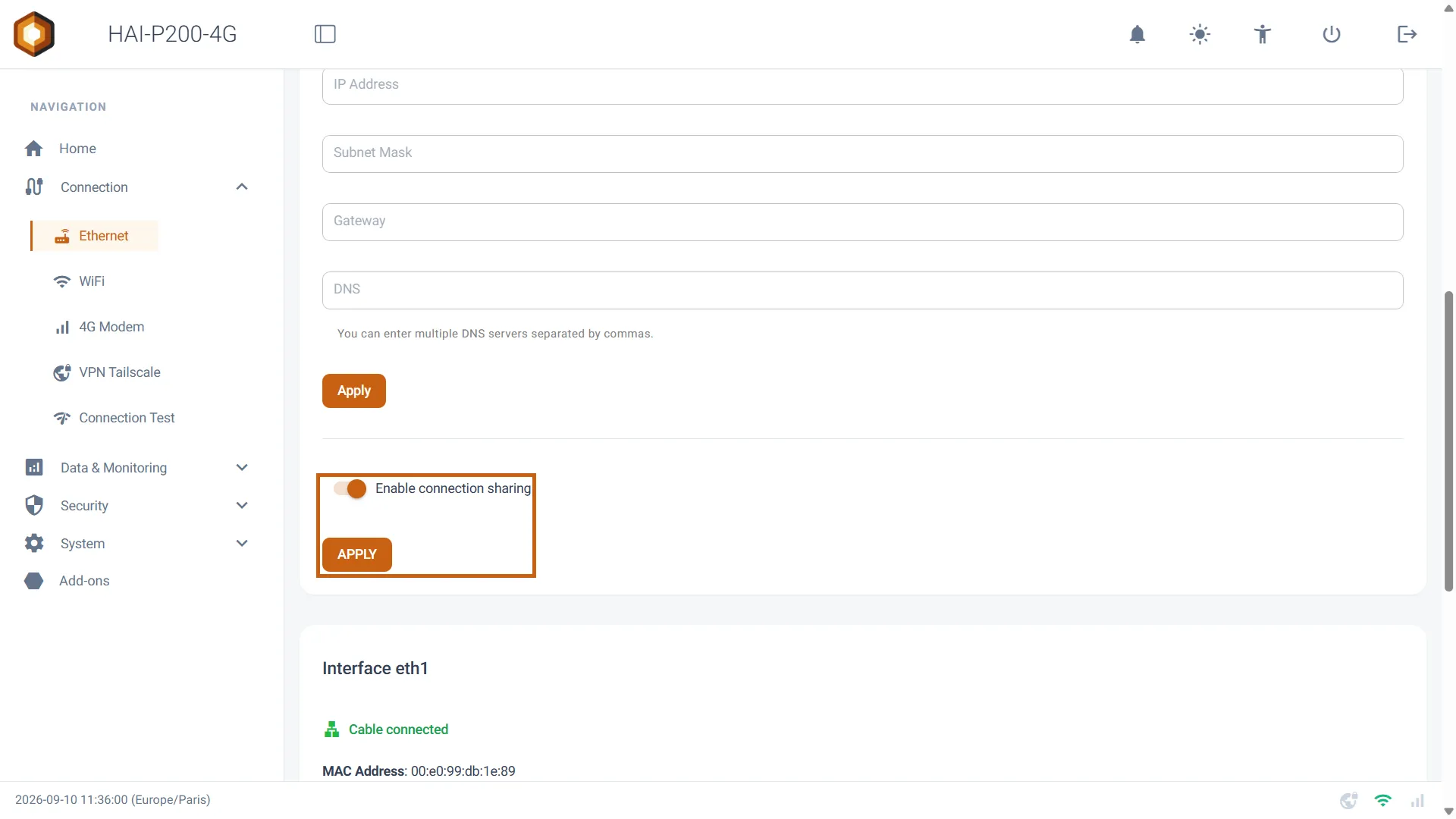 Bas de la carte Interface eth0 : interrupteur Enable connection sharing activé et bouton APPLY