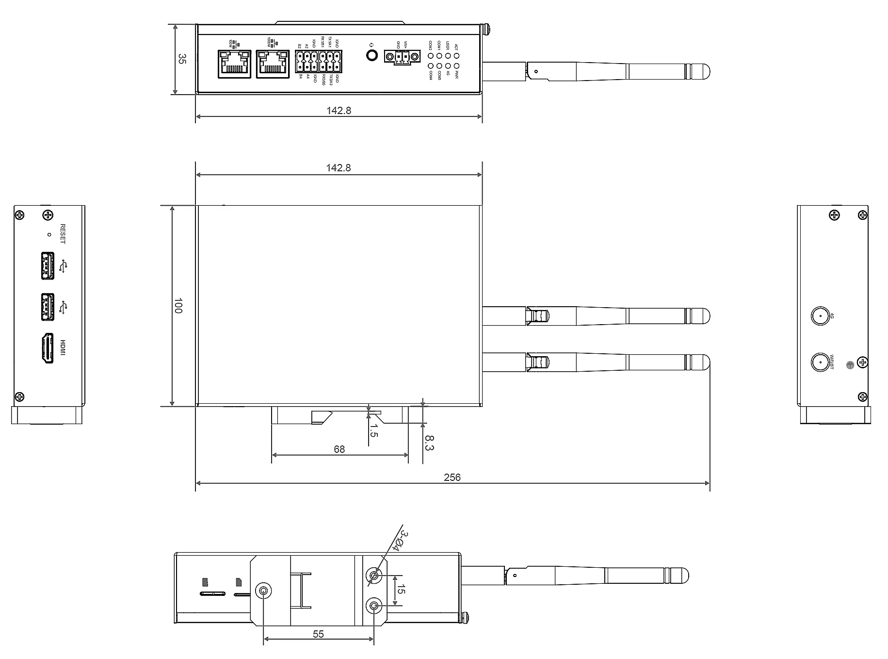 Plans cotés du HAI-P200-4G : vues de dessus, de face, de côté et de dessous, dimensions en millimètres