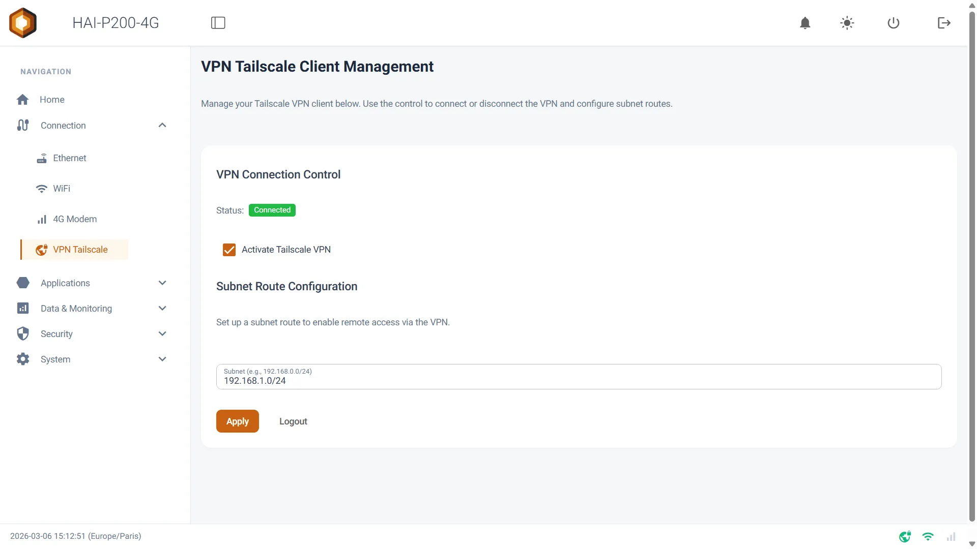 Écran VPN Tailscale : statut Connected, case Activate Tailscale VPN cochée et route de sous-réseau 192.168.1.0/24