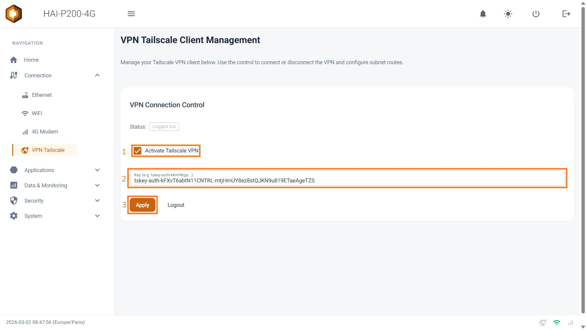 Écran VPN Tailscale de HAI-OS : saisie de la clé, case Activate Tailscale VPN et bouton Apply