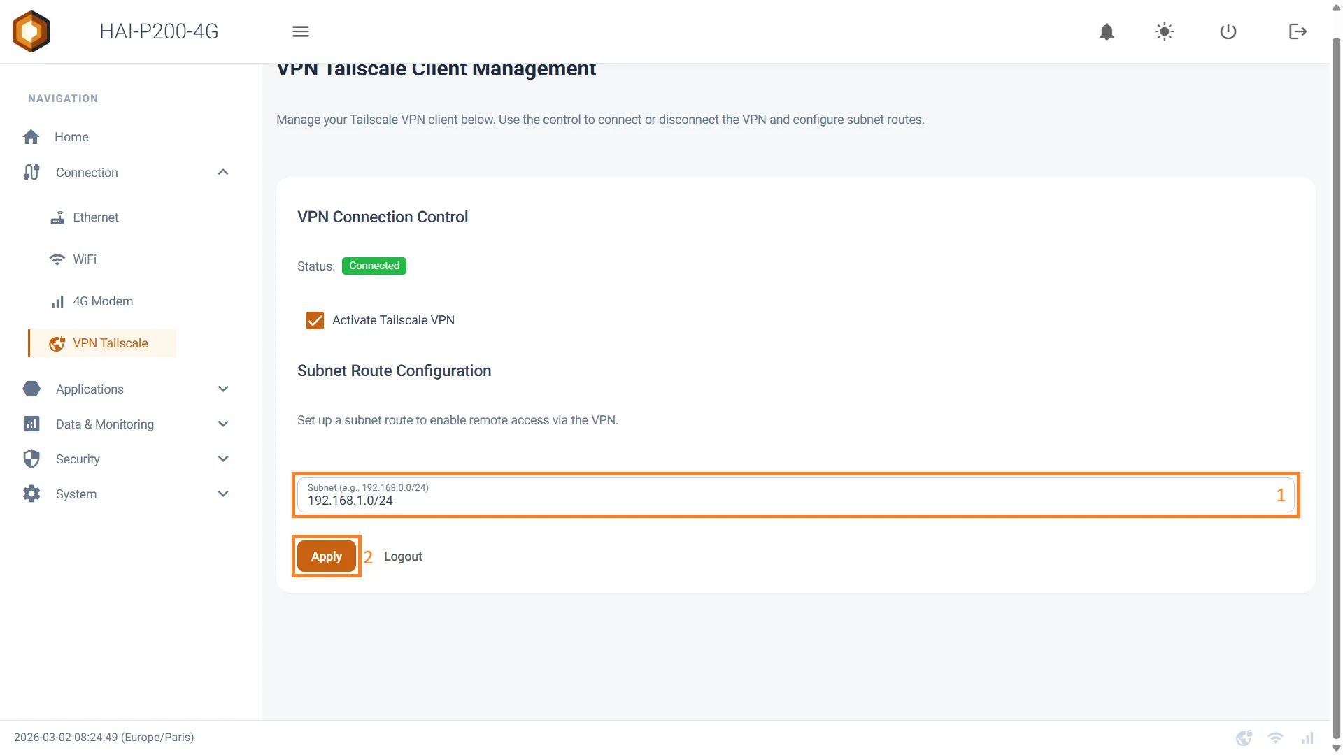 Saisie du sous-réseau 192.168.1.0/24 dans le champ Subnet, puis Apply