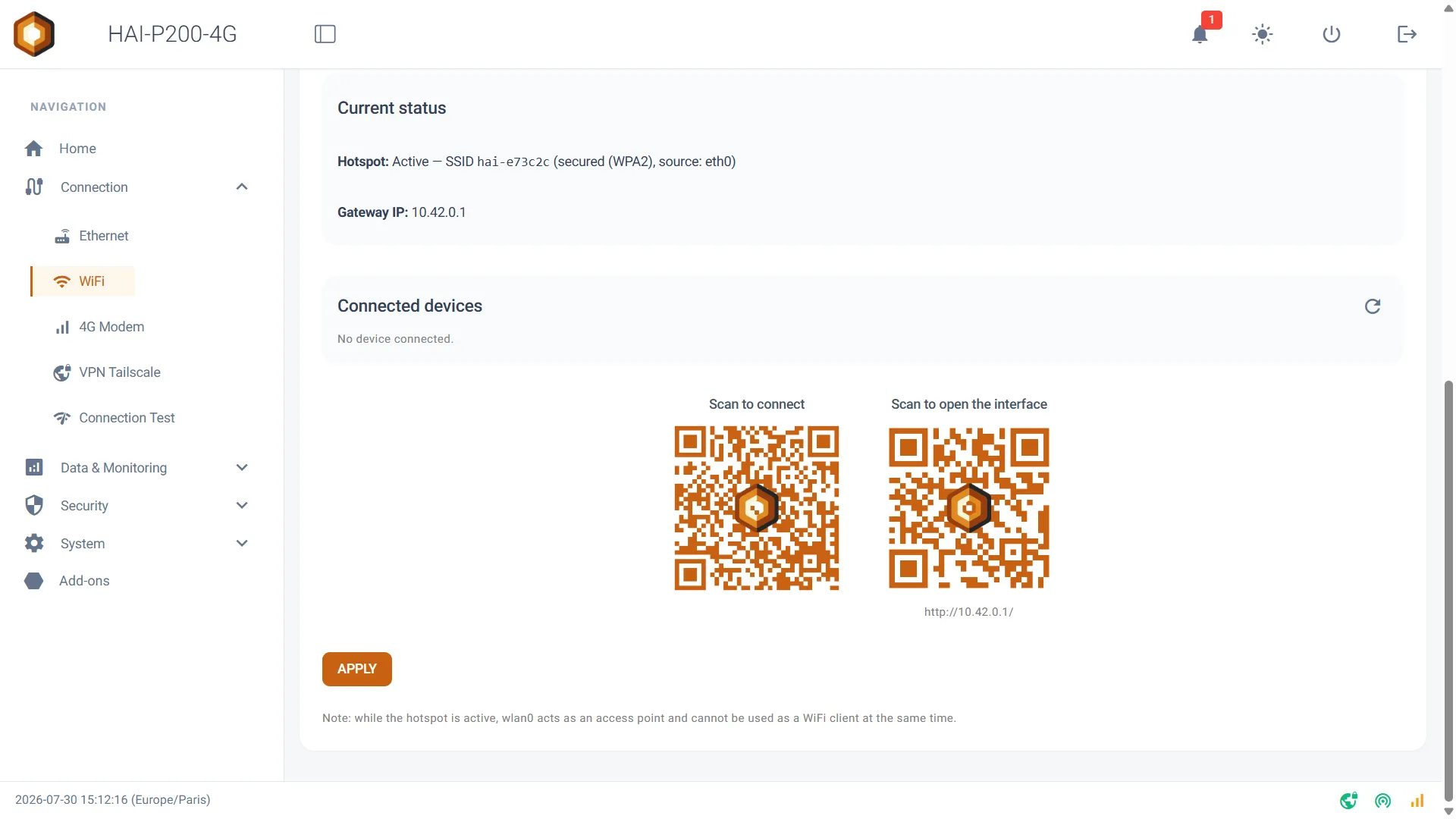 Point d’accès actif : SSID, adresse de passerelle 10.42.0.1, liste des appareils connectés et deux QR codes, pour se connecter et pour ouvrir l’interface